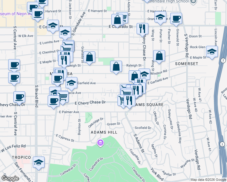 map of restaurants, bars, coffee shops, grocery stores, and more near 916 1/2 East Garfield Avenue in Glendale