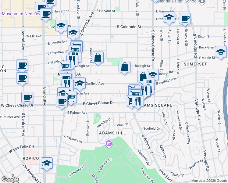 map of restaurants, bars, coffee shops, grocery stores, and more near 804 East Garfield Avenue in Glendale