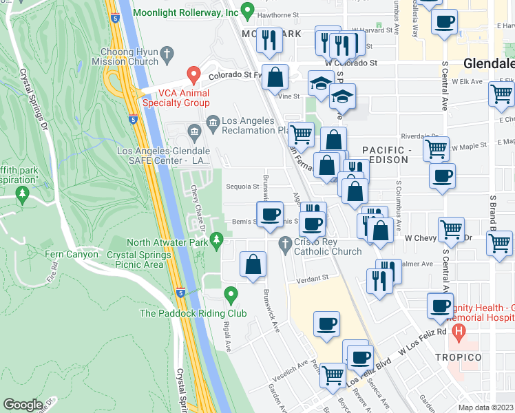 map of restaurants, bars, coffee shops, grocery stores, and more near 4608 Brunswick Avenue in Los Angeles