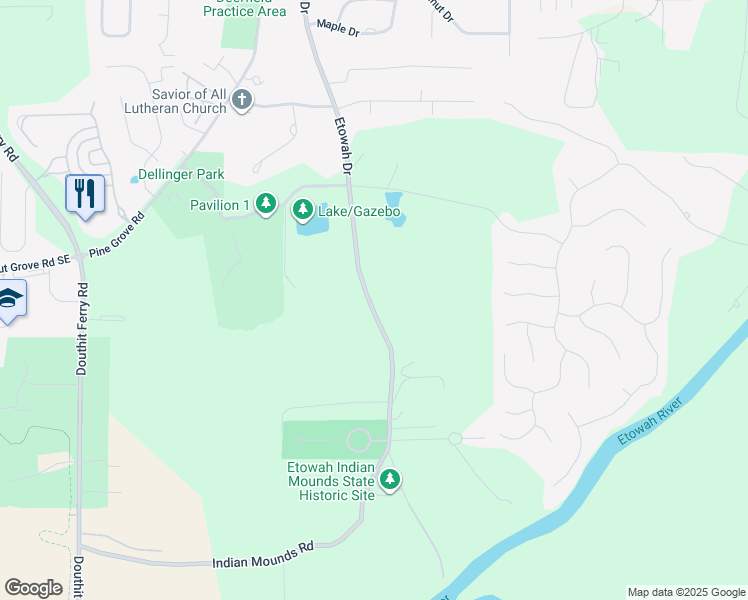 map of restaurants, bars, coffee shops, grocery stores, and more near 620-742 Indian Mounds Road in Cartersville