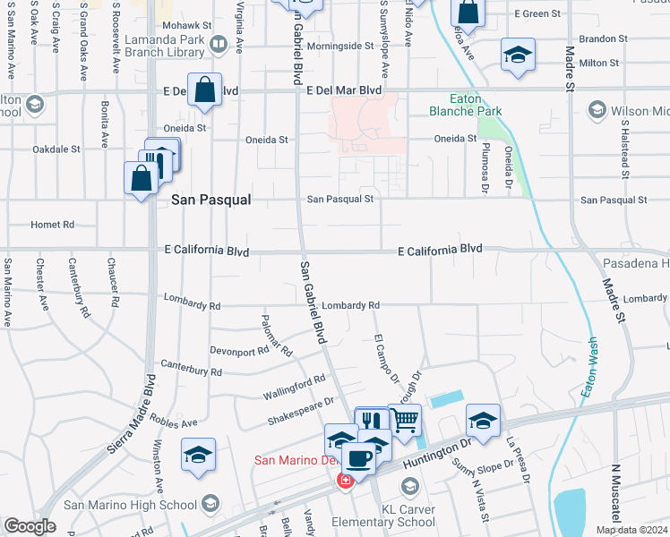 map of restaurants, bars, coffee shops, grocery stores, and more near 2804 East California Boulevard in Pasadena