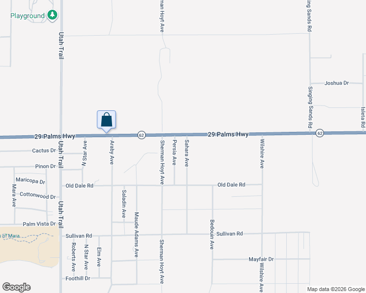 map of restaurants, bars, coffee shops, grocery stores, and more near 6539 Persia Avenue in Twentynine Palms