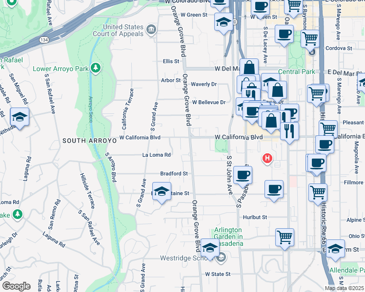 map of restaurants, bars, coffee shops, grocery stores, and more near 625 South Orange Grove Boulevard in Pasadena