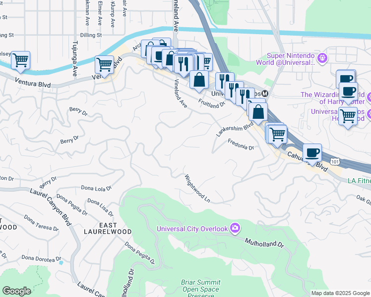 map of restaurants, bars, coffee shops, grocery stores, and more near 10940 Terryview Drive in Los Angeles