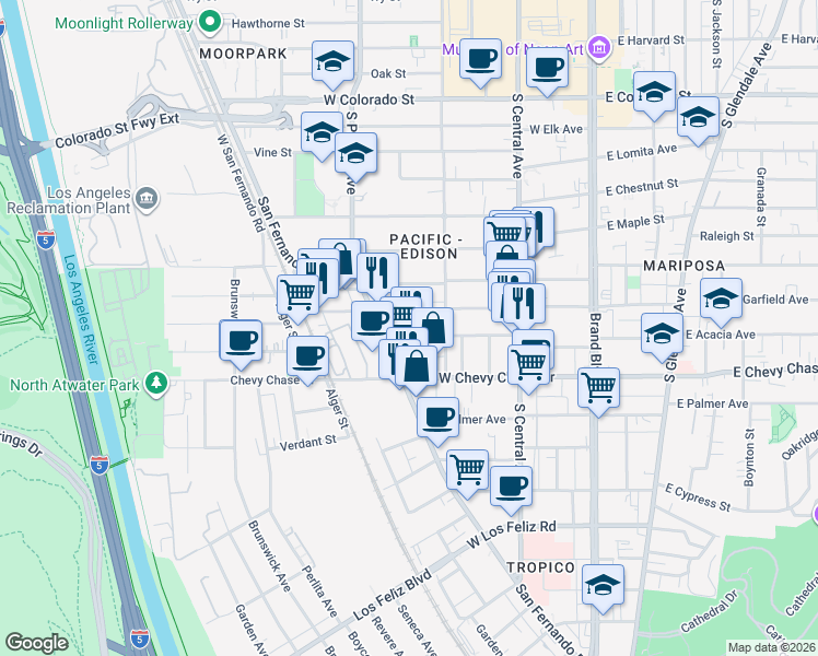map of restaurants, bars, coffee shops, grocery stores, and more near 432 West Garfield Avenue in Glendale