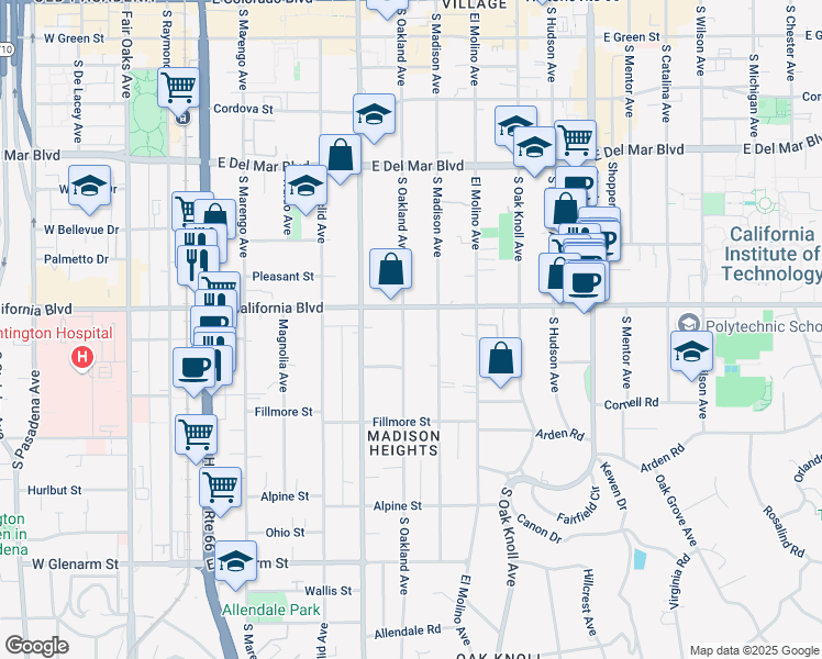 map of restaurants, bars, coffee shops, grocery stores, and more near 620 South Oakland Avenue in Pasadena