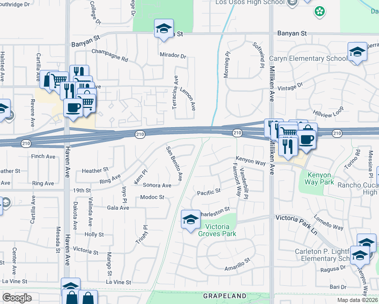 map of restaurants, bars, coffee shops, grocery stores, and more near 10980 Santa Barbara Place in Rancho Cucamonga