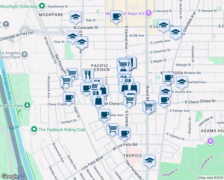 map of restaurants, bars, coffee shops, grocery stores, and more near 345 West Acacia Avenue in Glendale