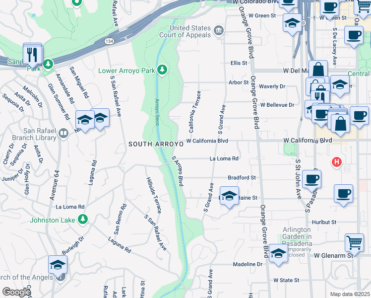 map of restaurants, bars, coffee shops, grocery stores, and more near 714 W California Blvd in Pasadena