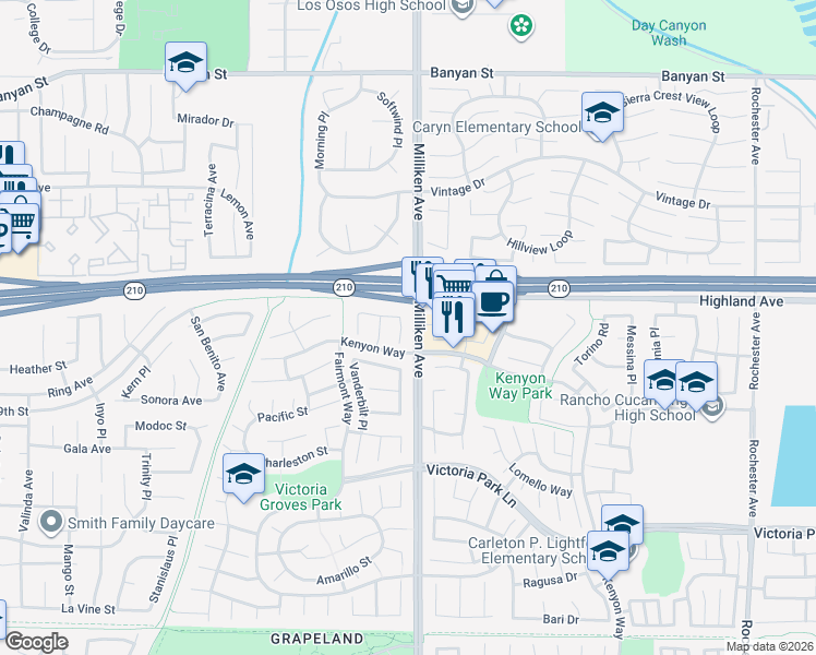 map of restaurants, bars, coffee shops, grocery stores, and more near 11277 Wingate Drive in Rancho Cucamonga