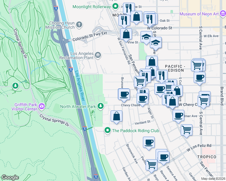 map of restaurants, bars, coffee shops, grocery stores, and more near 4021 Baywood Street in Los Angeles