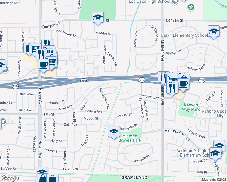 map of restaurants, bars, coffee shops, grocery stores, and more near 10980 Santa Barbara Place in Rancho Cucamonga
