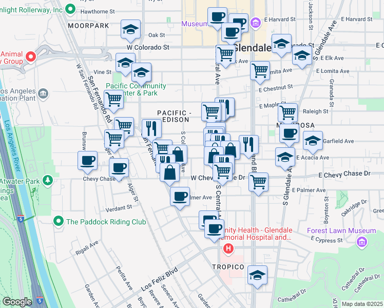 map of restaurants, bars, coffee shops, grocery stores, and more near 345 West Acacia Avenue in Glendale