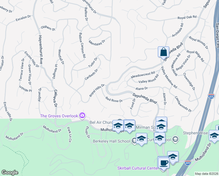 map of restaurants, bars, coffee shops, grocery stores, and more near 16229 Meadowcrest Road in Los Angeles