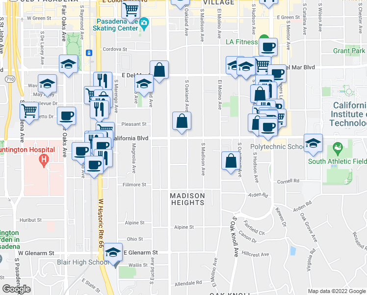 map of restaurants, bars, coffee shops, grocery stores, and more near 619 South Oakland Avenue in Pasadena