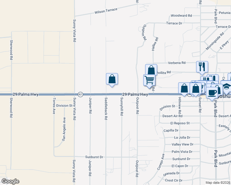 map of restaurants, bars, coffee shops, grocery stores, and more near 61142 Twentynine Palms Highway in Joshua Tree