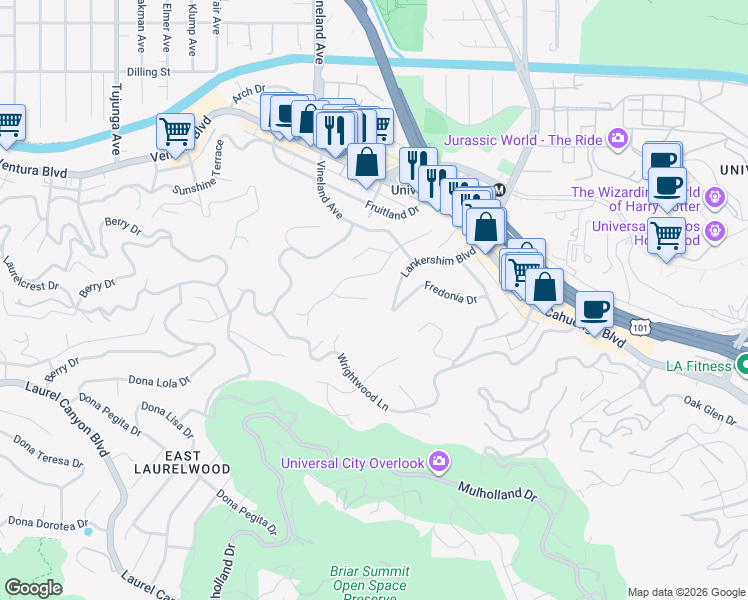 map of restaurants, bars, coffee shops, grocery stores, and more near 10900 Terryview Drive in Los Angeles