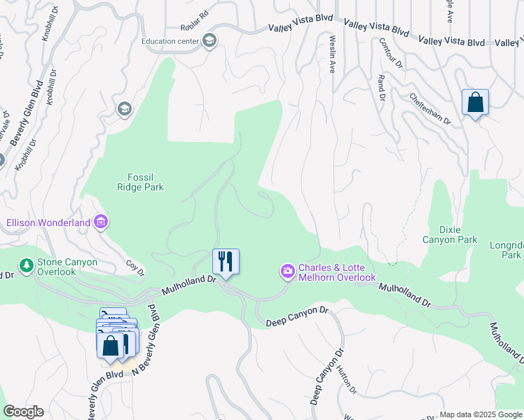 map of restaurants, bars, coffee shops, grocery stores, and more near 13955 Durham Road in Beverly Hills