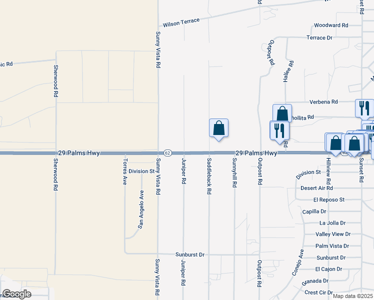 map of restaurants, bars, coffee shops, grocery stores, and more near 61010 Twentynine Palms Highway in Joshua Tree