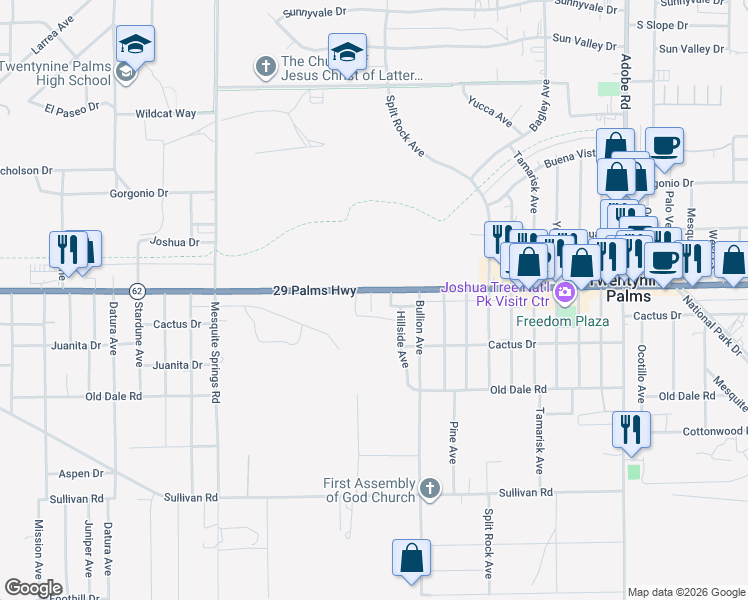 map of restaurants, bars, coffee shops, grocery stores, and more near 73193 29 Palms Highway in Twentynine Palms