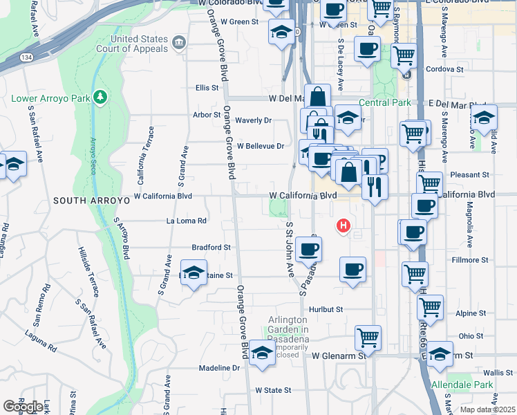 map of restaurants, bars, coffee shops, grocery stores, and more near 330 West California Boulevard in Pasadena