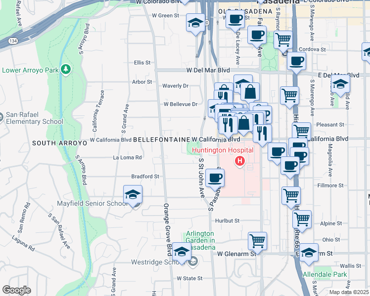 map of restaurants, bars, coffee shops, grocery stores, and more near 324 West California Boulevard in Pasadena