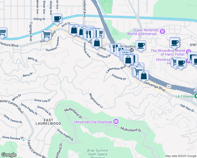 map of restaurants, bars, coffee shops, grocery stores, and more near 10900 Terryview Drive in Los Angeles