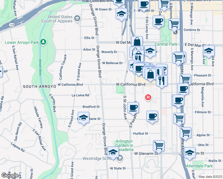 map of restaurants, bars, coffee shops, grocery stores, and more near 330 West California Boulevard in Pasadena