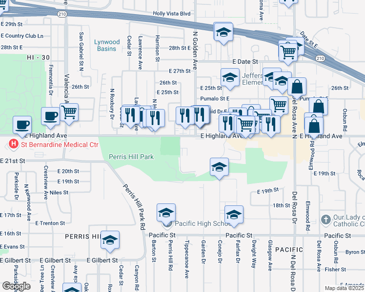map of restaurants, bars, coffee shops, grocery stores, and more near 1181 East Highland Avenue in San Bernardino