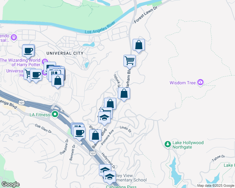 map of restaurants, bars, coffee shops, grocery stores, and more near 3209 Hillock Drive in Los Angeles