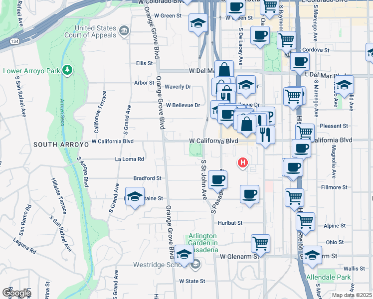 map of restaurants, bars, coffee shops, grocery stores, and more near 324 West California Boulevard in Pasadena