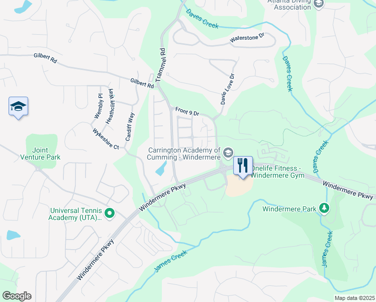 map of restaurants, bars, coffee shops, grocery stores, and more near 6315 Manningtree Court in Cumming