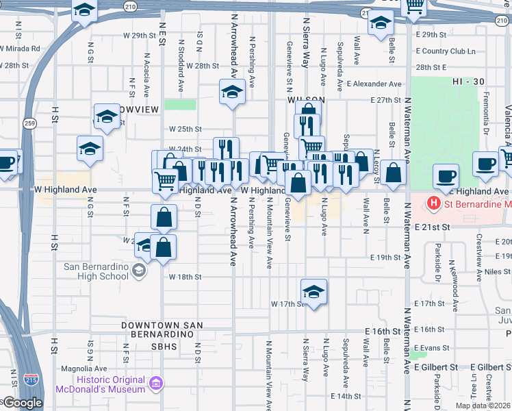 map of restaurants, bars, coffee shops, grocery stores, and more near 2155 North Pershing Avenue in San Bernardino