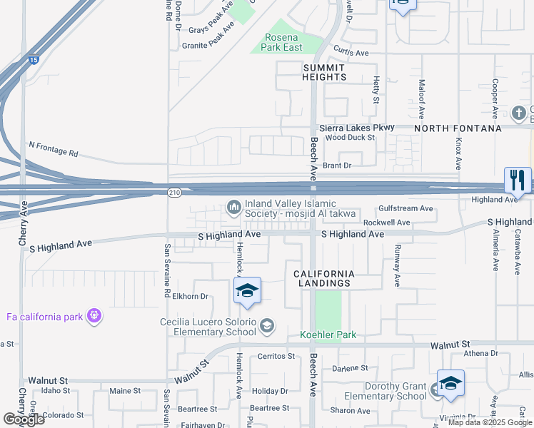 map of restaurants, bars, coffee shops, grocery stores, and more near 15167 Horizon Street in Fontana