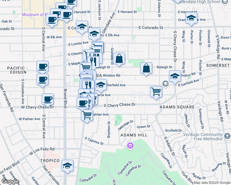 map of restaurants, bars, coffee shops, grocery stores, and more near 601 East Acacia Avenue in Glendale