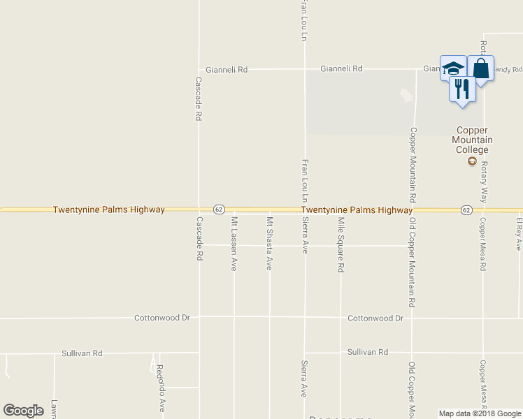 map of restaurants, bars, coffee shops, grocery stores, and more near 65855 Route 62 in Joshua Tree