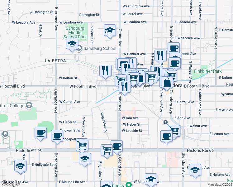 map of restaurants, bars, coffee shops, grocery stores, and more near 137 Calder Drive in Glendora