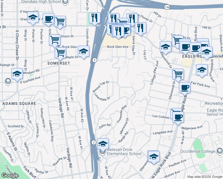 map of restaurants, bars, coffee shops, grocery stores, and more near 4540 El Reposo Drive in Los Angeles