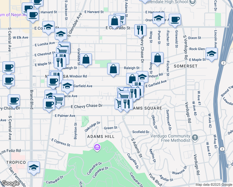 map of restaurants, bars, coffee shops, grocery stores, and more near 919 East Acacia Avenue in Glendale