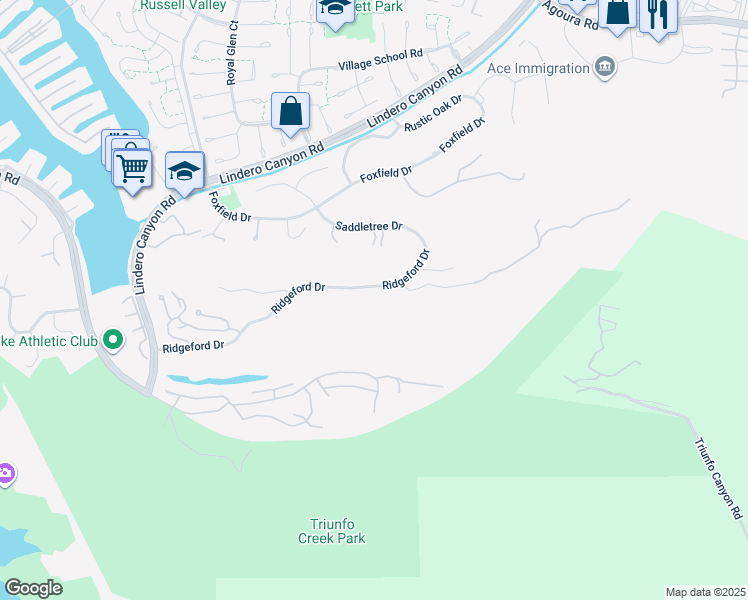 map of restaurants, bars, coffee shops, grocery stores, and more near 3520 Ridgeford Drive in Westlake Village