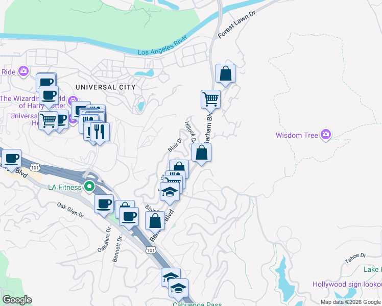 map of restaurants, bars, coffee shops, grocery stores, and more near 3209 Hillock Drive in Los Angeles