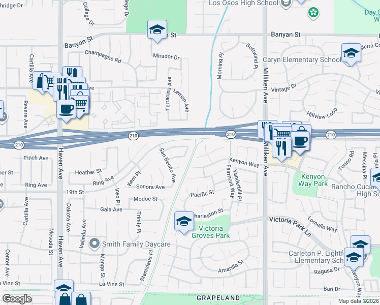map of restaurants, bars, coffee shops, grocery stores, and more near 6541 Los Osos Way in Rancho Cucamonga