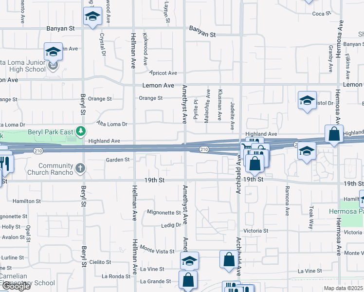map of restaurants, bars, coffee shops, grocery stores, and more near William H. Lancaster Memorial Highway in Rancho Cucamonga