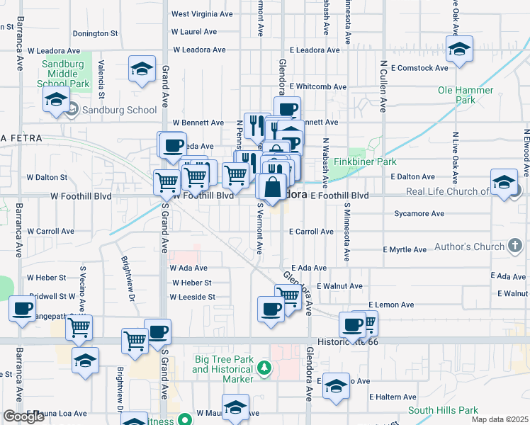 map of restaurants, bars, coffee shops, grocery stores, and more near 200 West Foothill Boulevard in Glendora