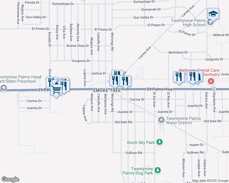 map of restaurants, bars, coffee shops, grocery stores, and more near in Twentynine Palms