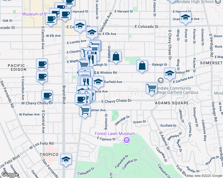 map of restaurants, bars, coffee shops, grocery stores, and more near 601 East Acacia Avenue in Glendale