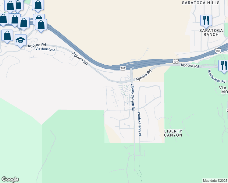 map of restaurants, bars, coffee shops, grocery stores, and more near 4114 Yankee Drive in Agoura Hills