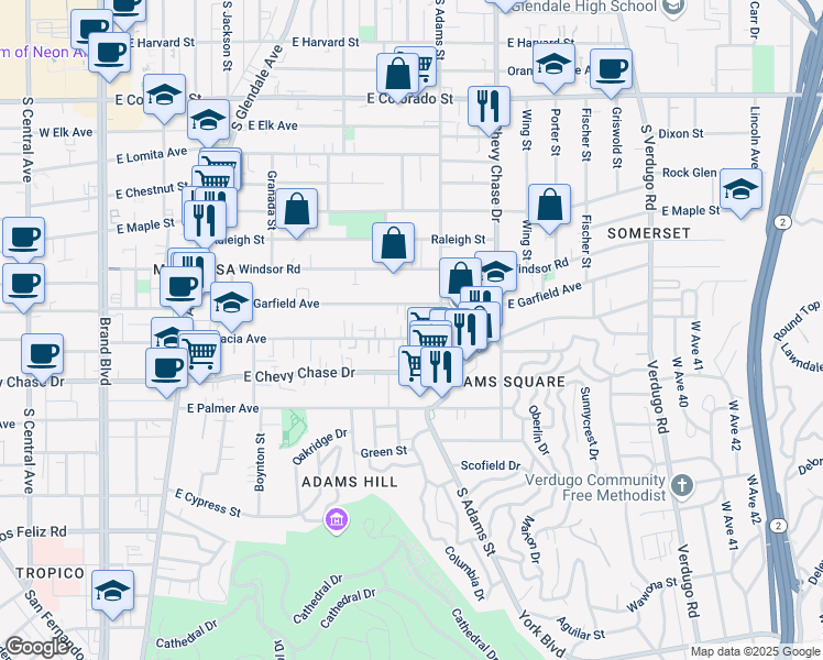 map of restaurants, bars, coffee shops, grocery stores, and more near 916 1/2 East Garfield Avenue in Glendale