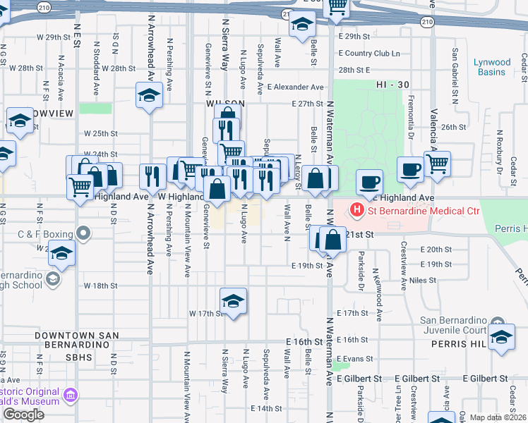 map of restaurants, bars, coffee shops, grocery stores, and more near in San Bernardino
