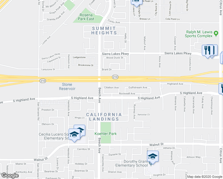 map of restaurants, bars, coffee shops, grocery stores, and more near 15372 Citation Avenue in Fontana